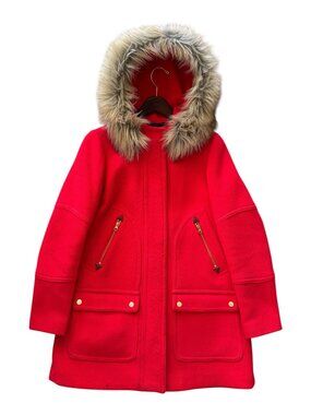J.Crew Stadium Cloth Nello Gori Red Wool Coat Faux Fur Hood Size 2